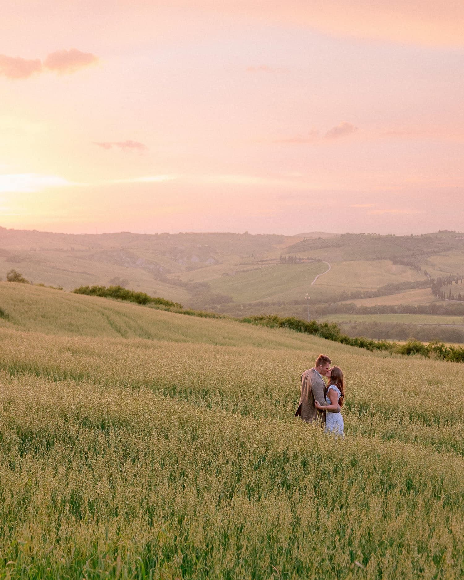 Golden wheat field with rolling hills in the distance during a dreamy sunset.