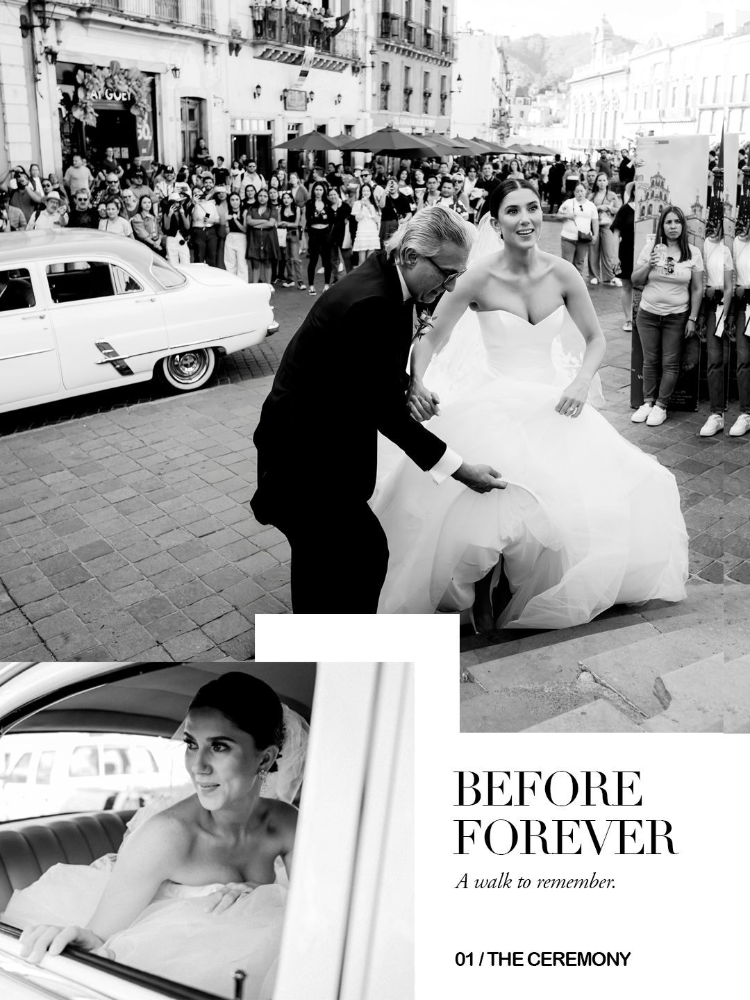 Black and white wedding photo collage showing bride arriving at ceremony with escort amid crowd, titled Before Forever.