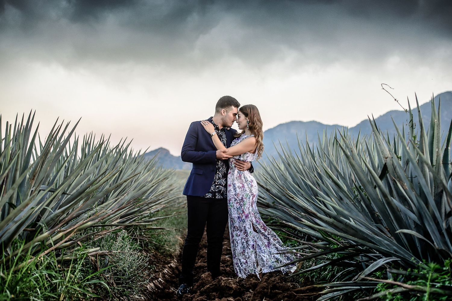 Couple sharing a romantic moment in an agave field with mountains and dramatic cloudy sky in background.