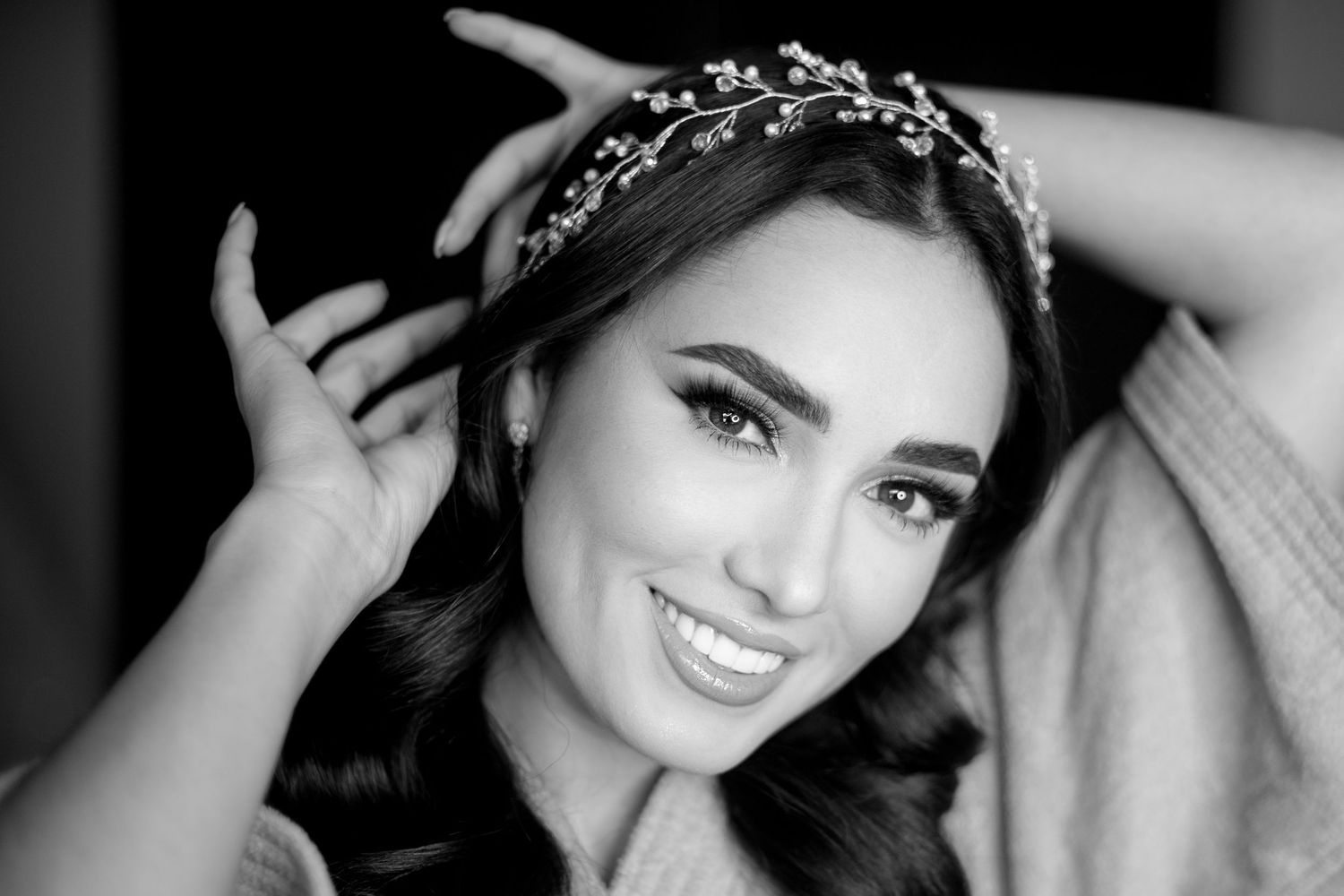 Black and white bridal portraits showcasing classic wedding day elegance.