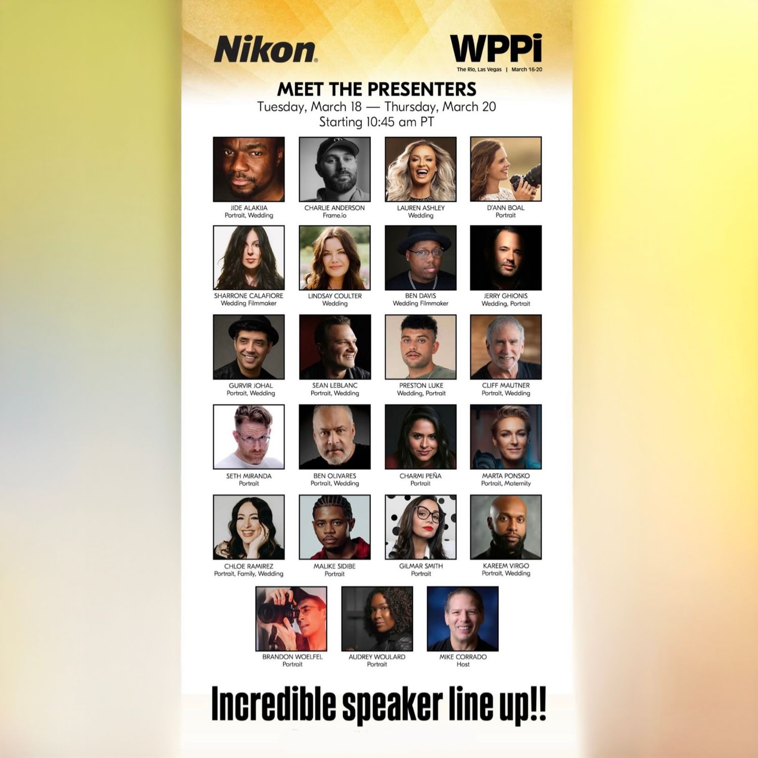 Conference presenter information display board with headshots against yellow background.