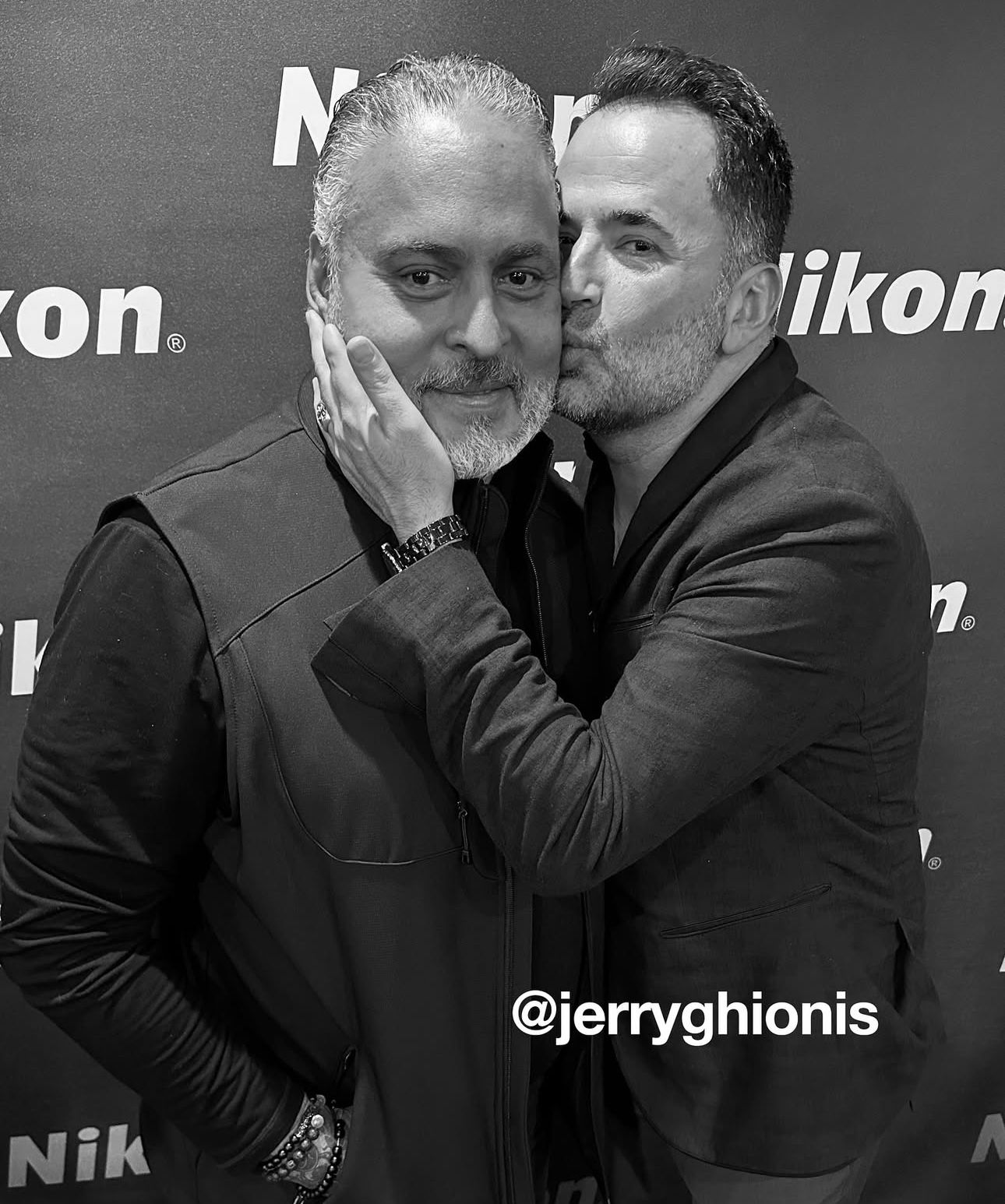 Series of black and white photos showing two people embracing at a Nikon event.