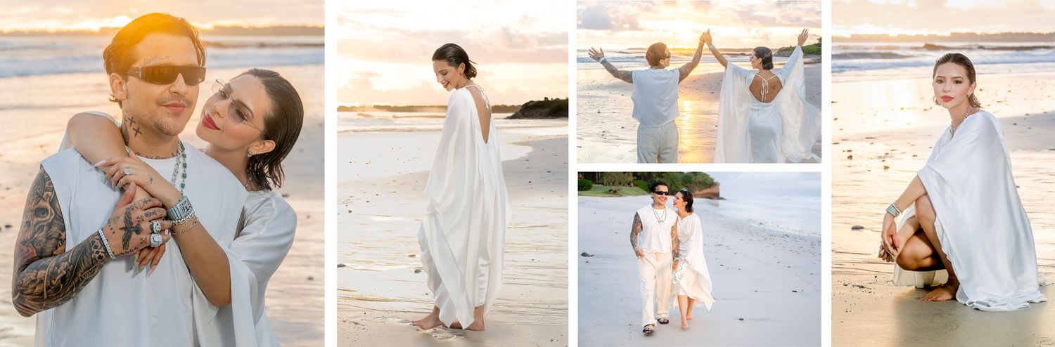 A series of romantic beach photos showing a couple wrapped in white blankets during sunset at the ocean.