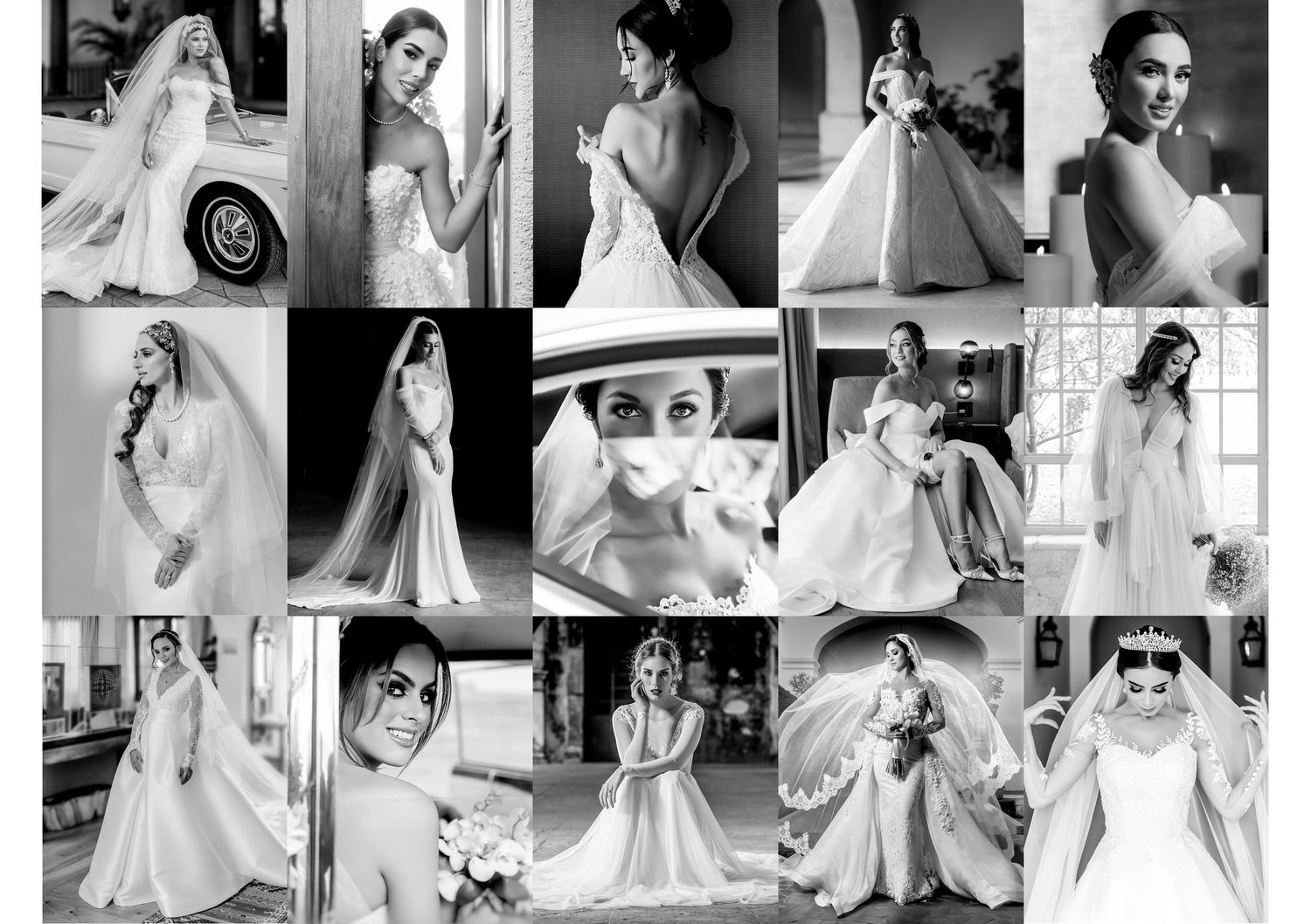 Black and white collage of elegant brides in wedding gowns, veils, and bouquets in various posed and candid moments.