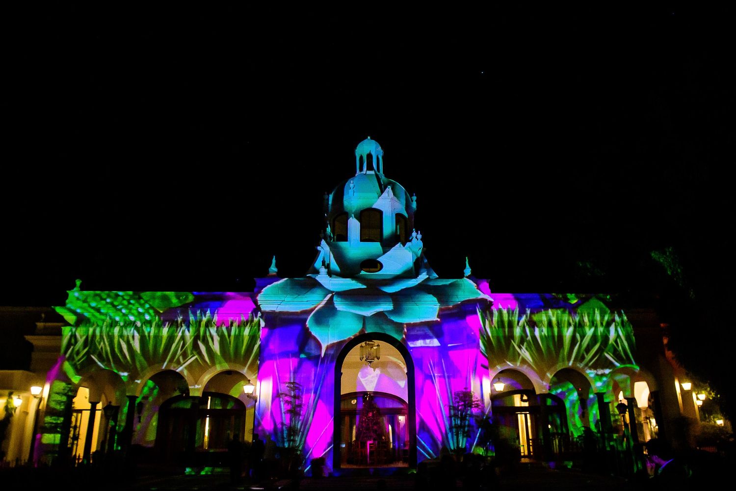 Colorful light projection on ornate building facade at night with pink, green, and blue hues illuminating floral designs.