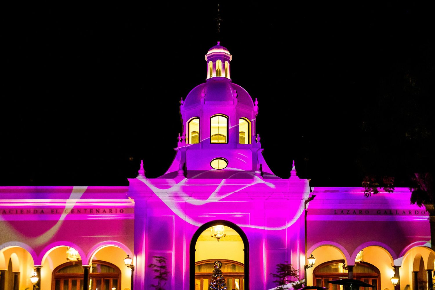 Historic building illuminated in vibrant pink and purple lights at night, showcasing stunning architectural details.