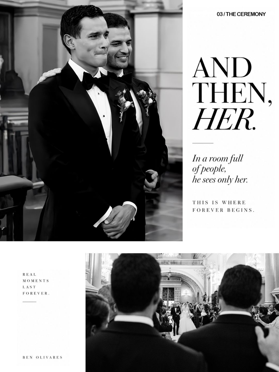 Black and white wedding ceremony photo of groom in tuxedo standing at altar, waiting for bride to walk down the aisle.