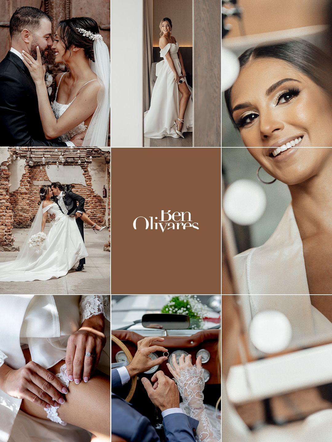 A wedding photo collage by Ben Olivares featuring couple portraits, bridal prep, ring exchange, and elegant ceremony moments.