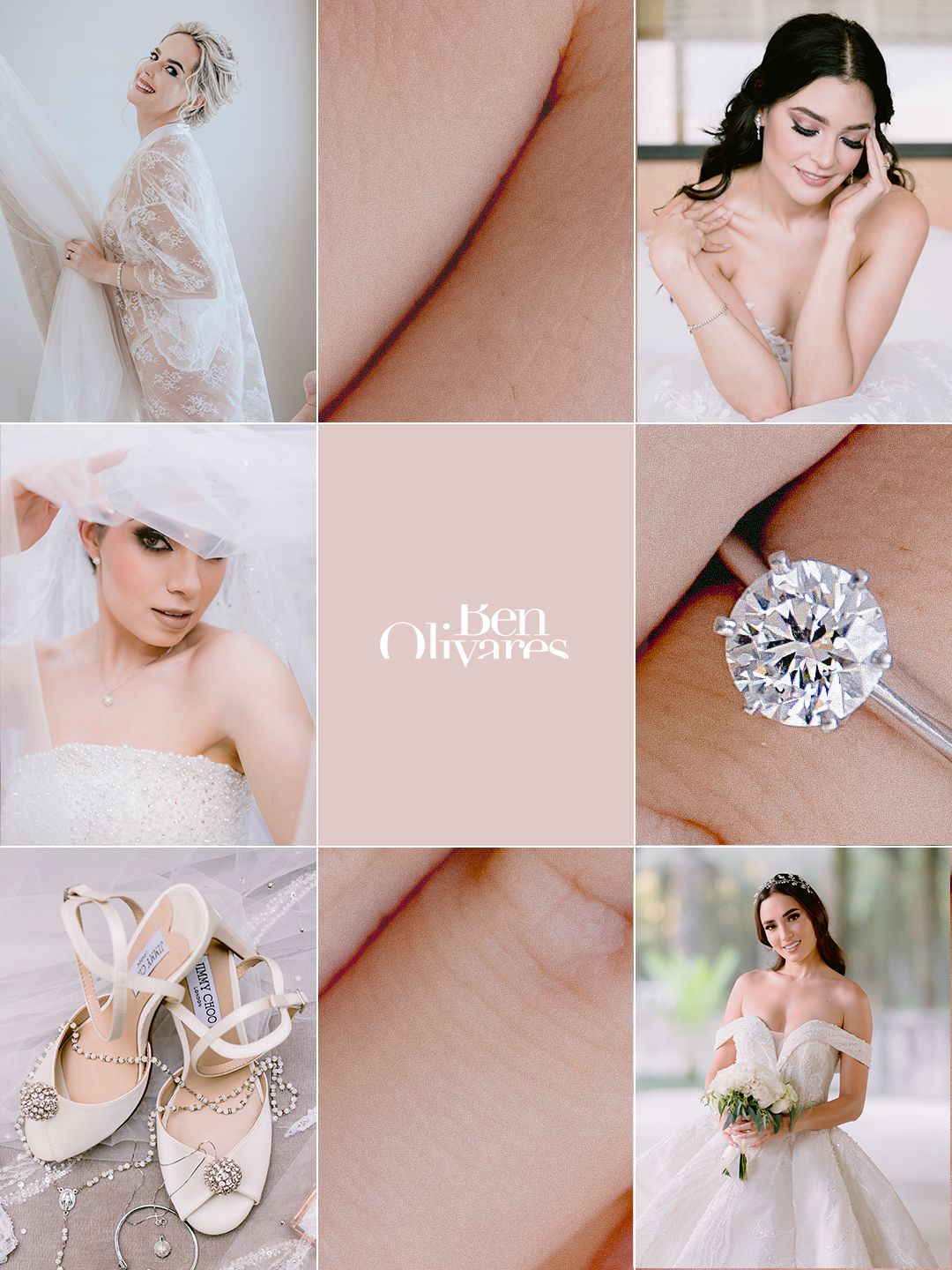 A bridal collage featuring a bride in lace, diamond ring, wedding shoes, and bouquet by Ben Olivares Photography.
