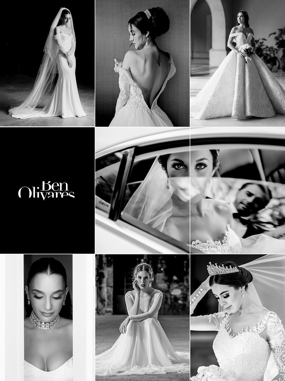 Black and white bridal photography collage by Ben Olivares featuring elegant brides in wedding gowns and veils.