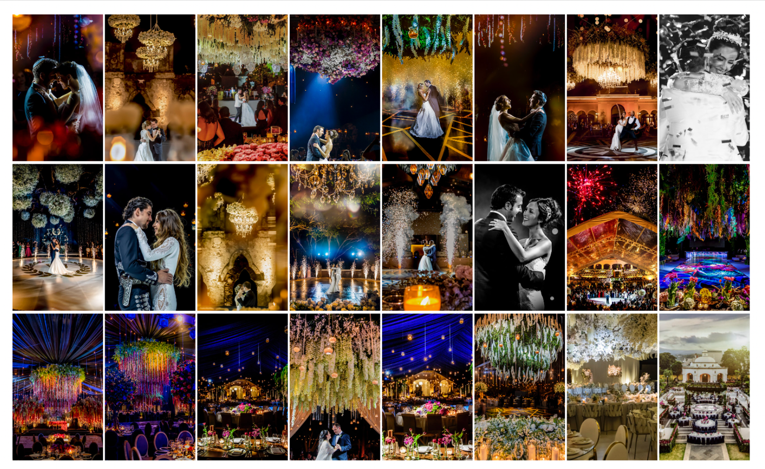 A stunning collage of vibrant wedding photography featuring couples, fireworks, floral decor, and elegant receptions.