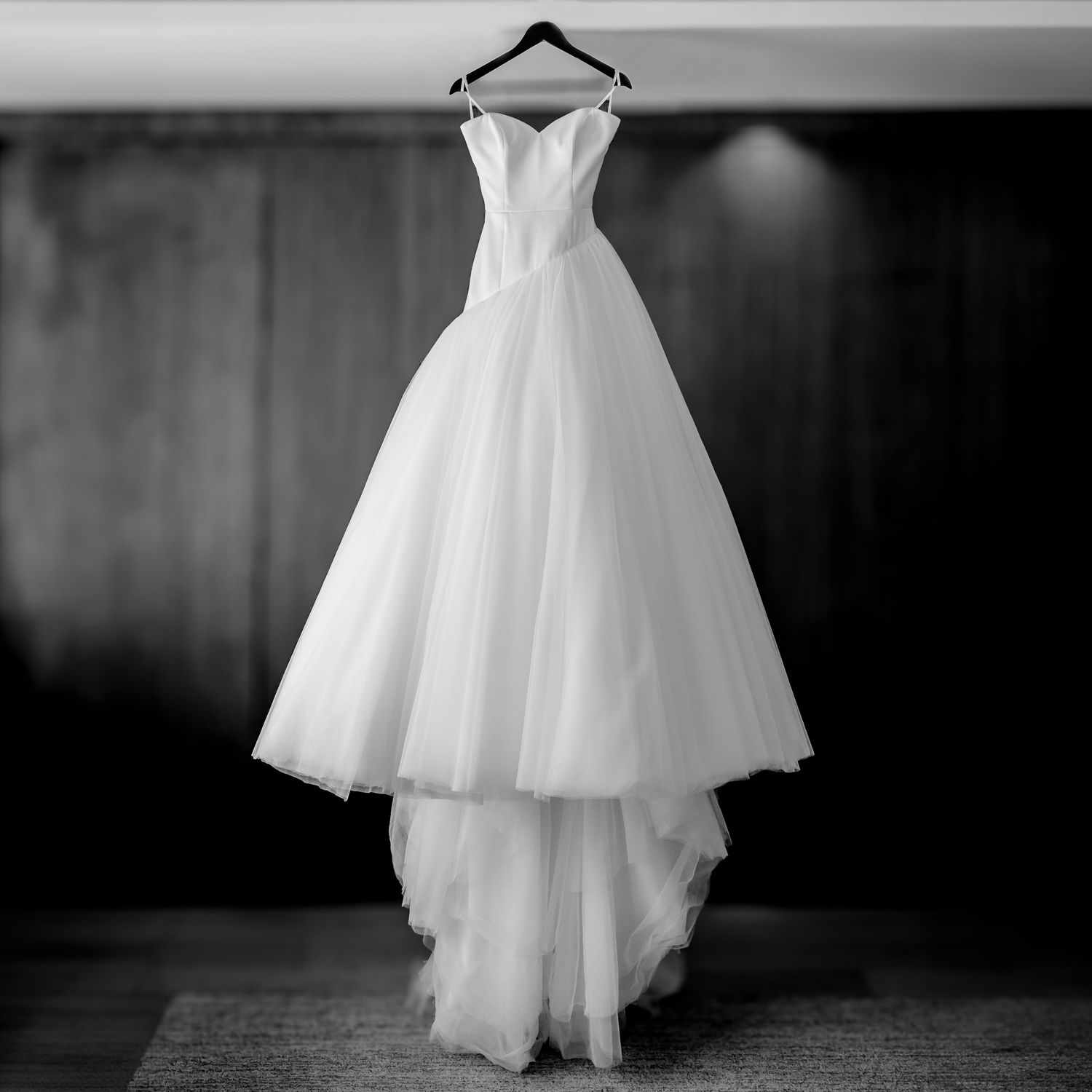 Wedding dress silhouettes displayed in dramatic black and white photography.