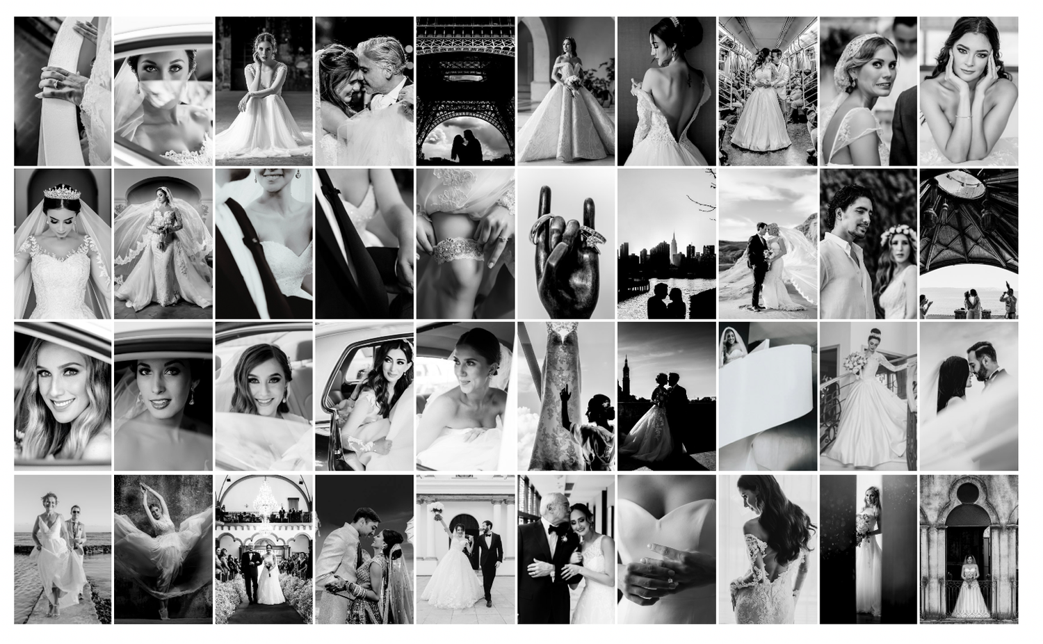 Black and white wedding photography collage featuring bride preparations, ceremony moments, and romantic couple portraits.