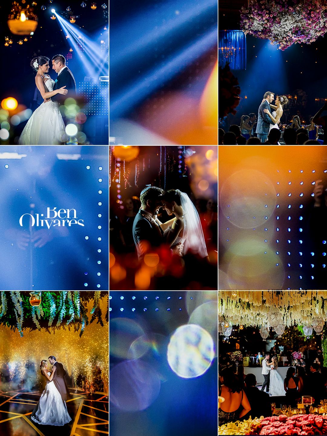 Elegant wedding couple dancing under dramatic blue and golden bokeh lights in a stunning reception venue.