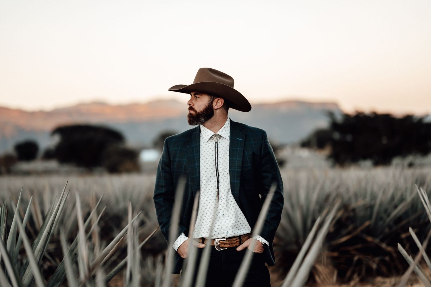 A bearded man in a suit and cowboy hat stands confidently in an agave field at sunset.