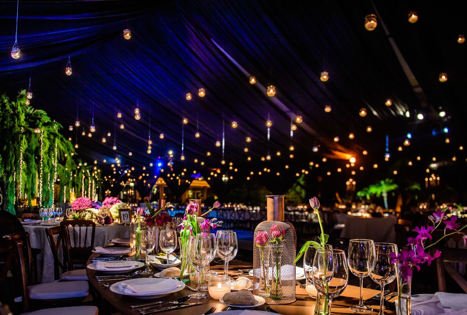 Long banquet tables set with glassware and candles under suspended string lights in an enchanted garden setting.