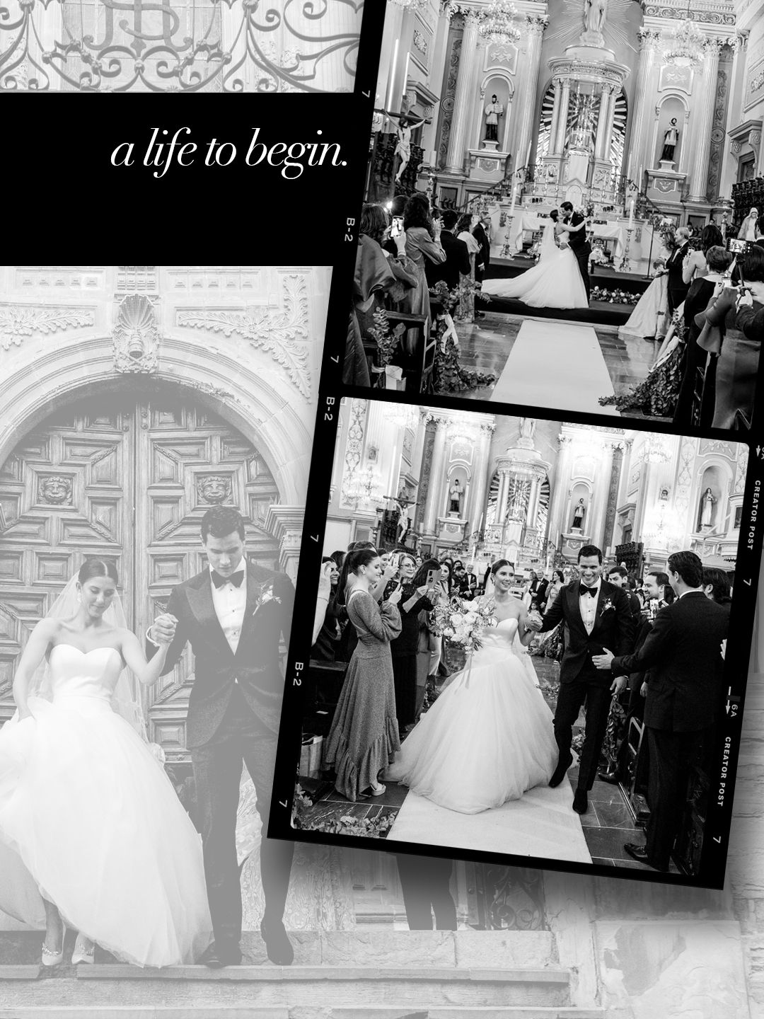 Black and white wedding collage featuring bride and groom outside ornate doors and church ceremony recessional with guests.
