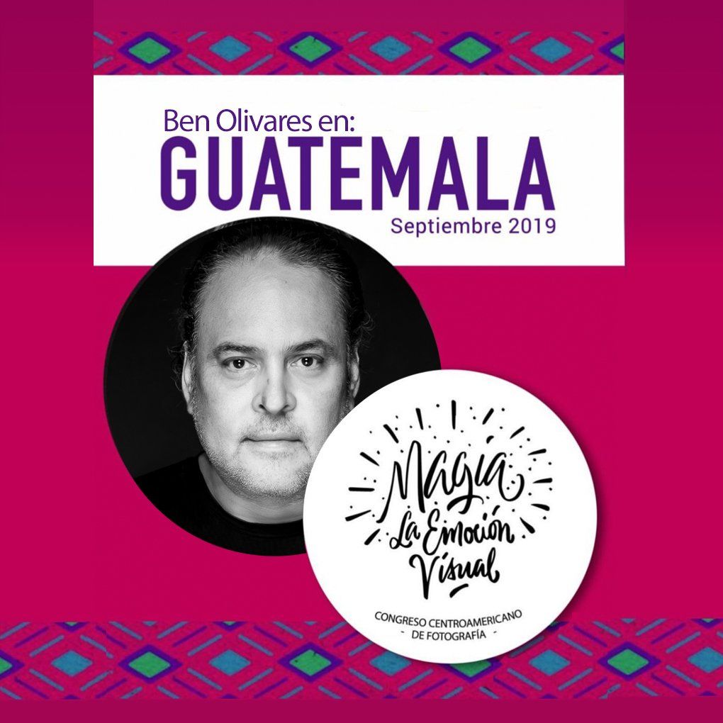 Purple and teal graphic design banner for photography event in Guatemala.
