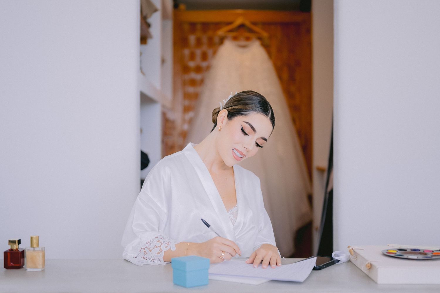 Wedding day preparation scenes showing writing and getting ready moments.