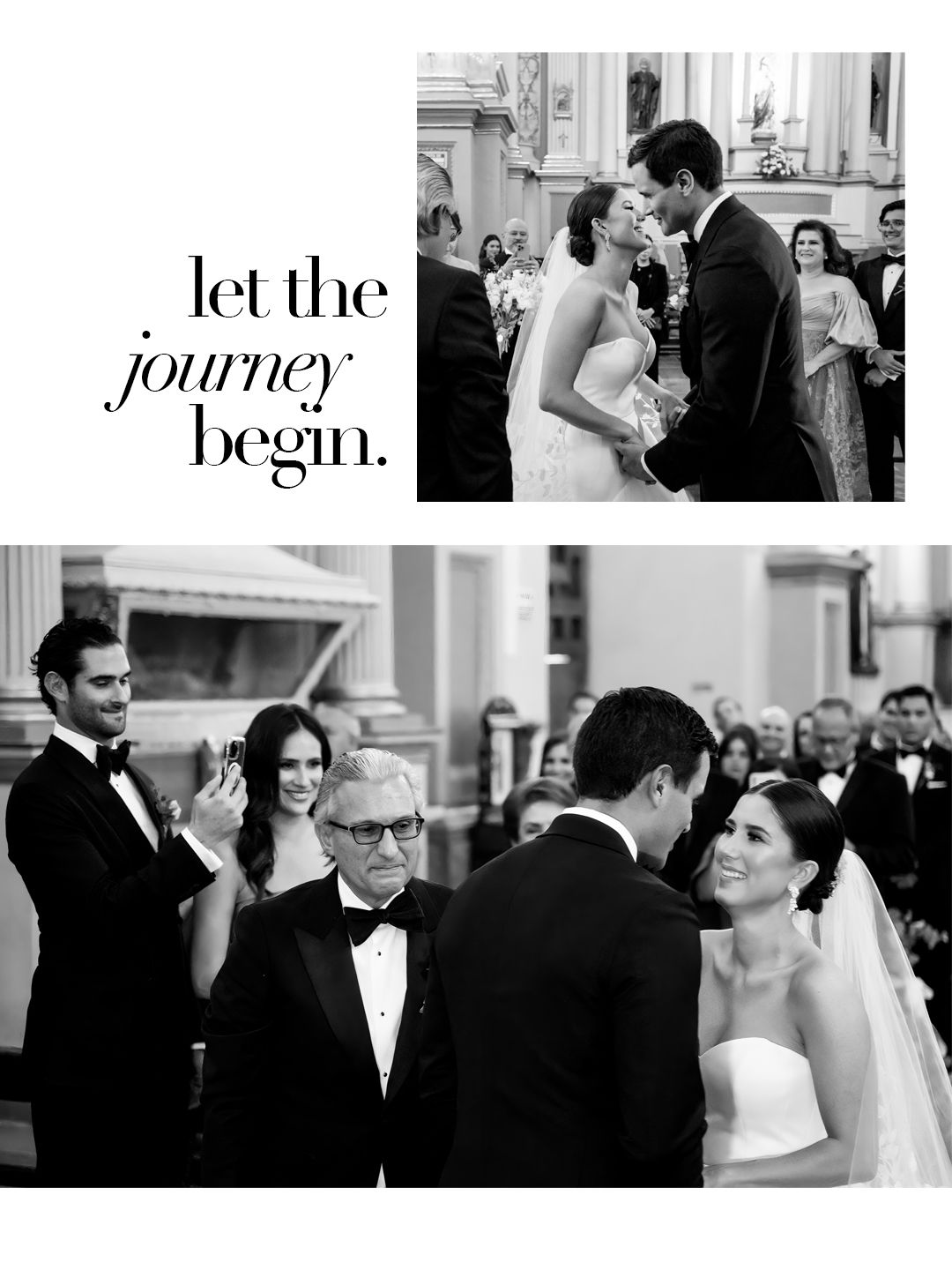Black and white wedding collage with bride and groom sharing a kiss at the altar, featuring elegant church ceremony moments.