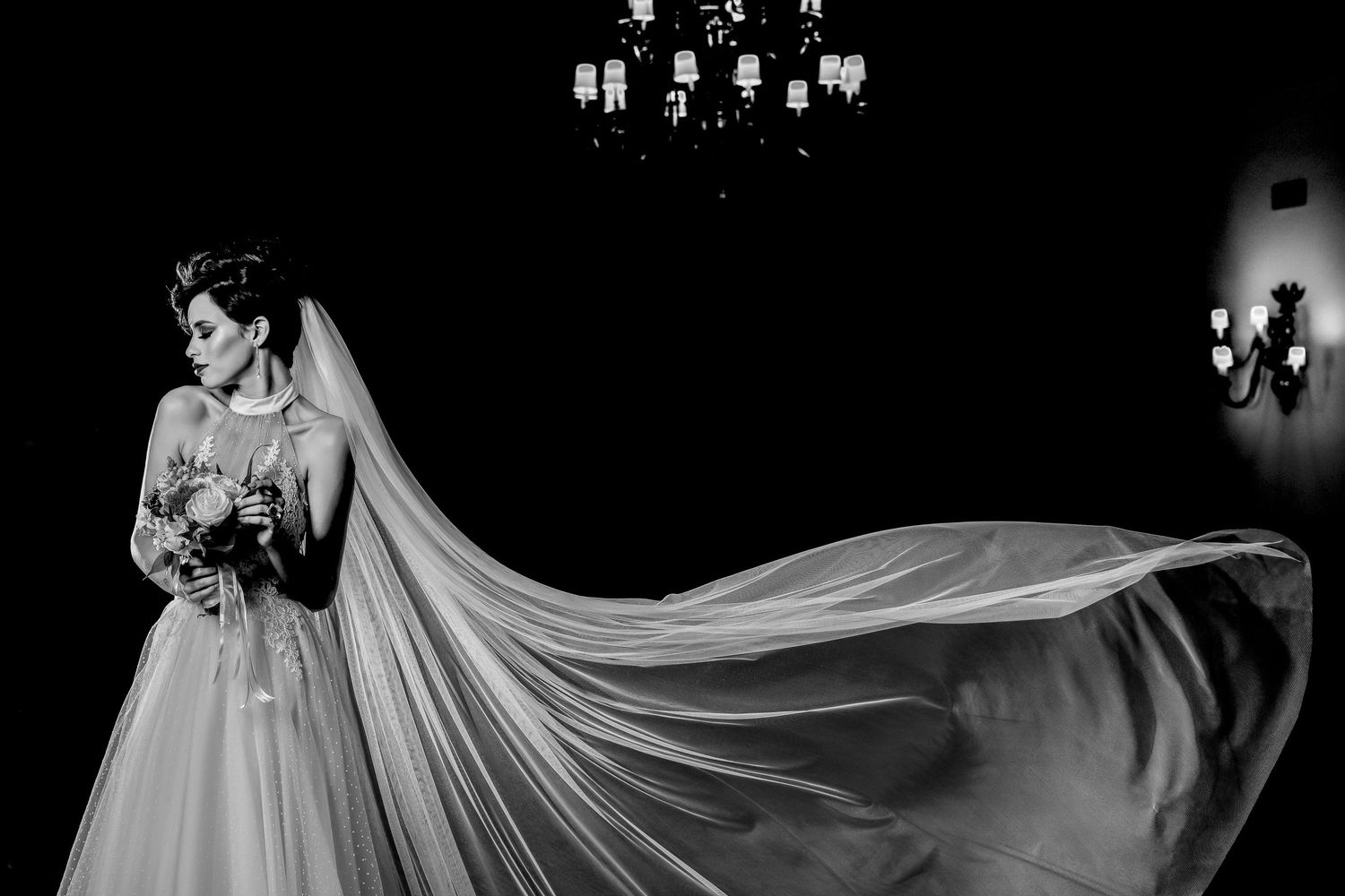 Dramatic bridal portraits with flowing veils against dark backgrounds creating ethereal silhouettes.