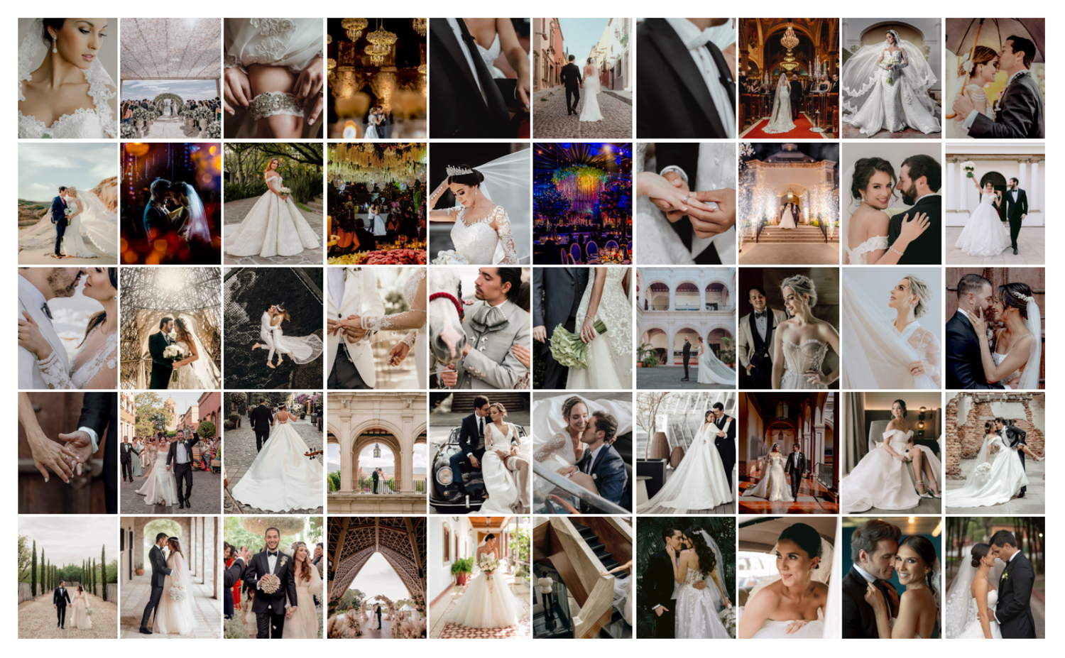 A stunning wedding photo collage featuring bride and groom portraits, ceremony moments, and romantic couple poses in elegant settings.
