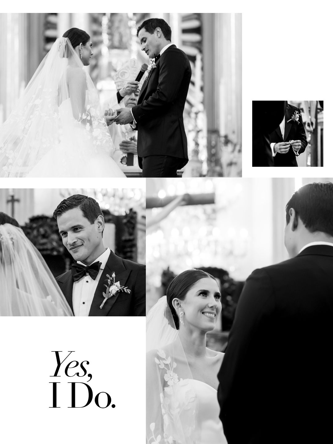 Black and white wedding ceremony collage featuring bride and groom exchanging vows in a church with Yes I Do text.