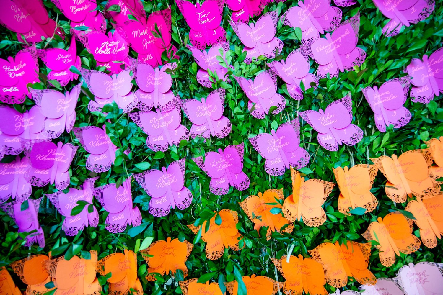 Colorful paper butterflies in pink, purple, and orange arranged with green leaves in a vibrant decorative display.