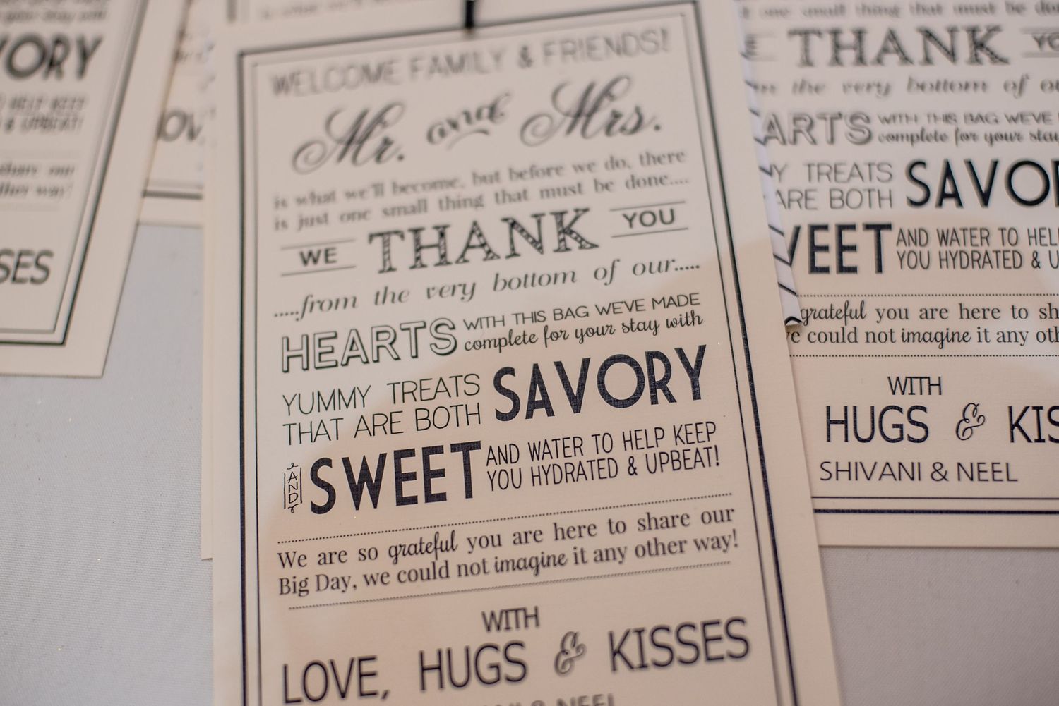 Wedding thank you cards with savory and sweet treats message, signed with love hugs and kisses from Shivani and Neel.