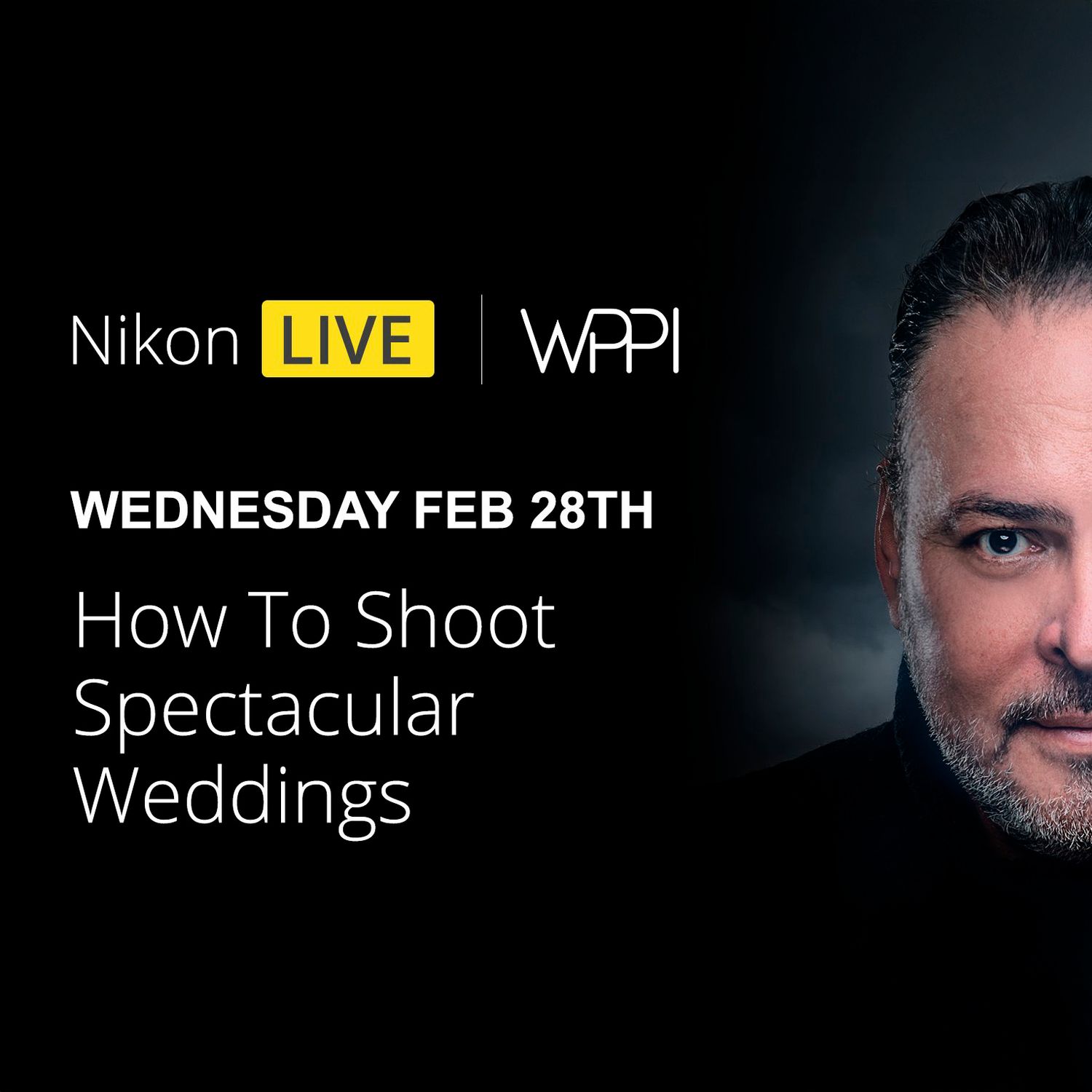 Dark promotional banner for Nikon Live WPPI wedding photography event.