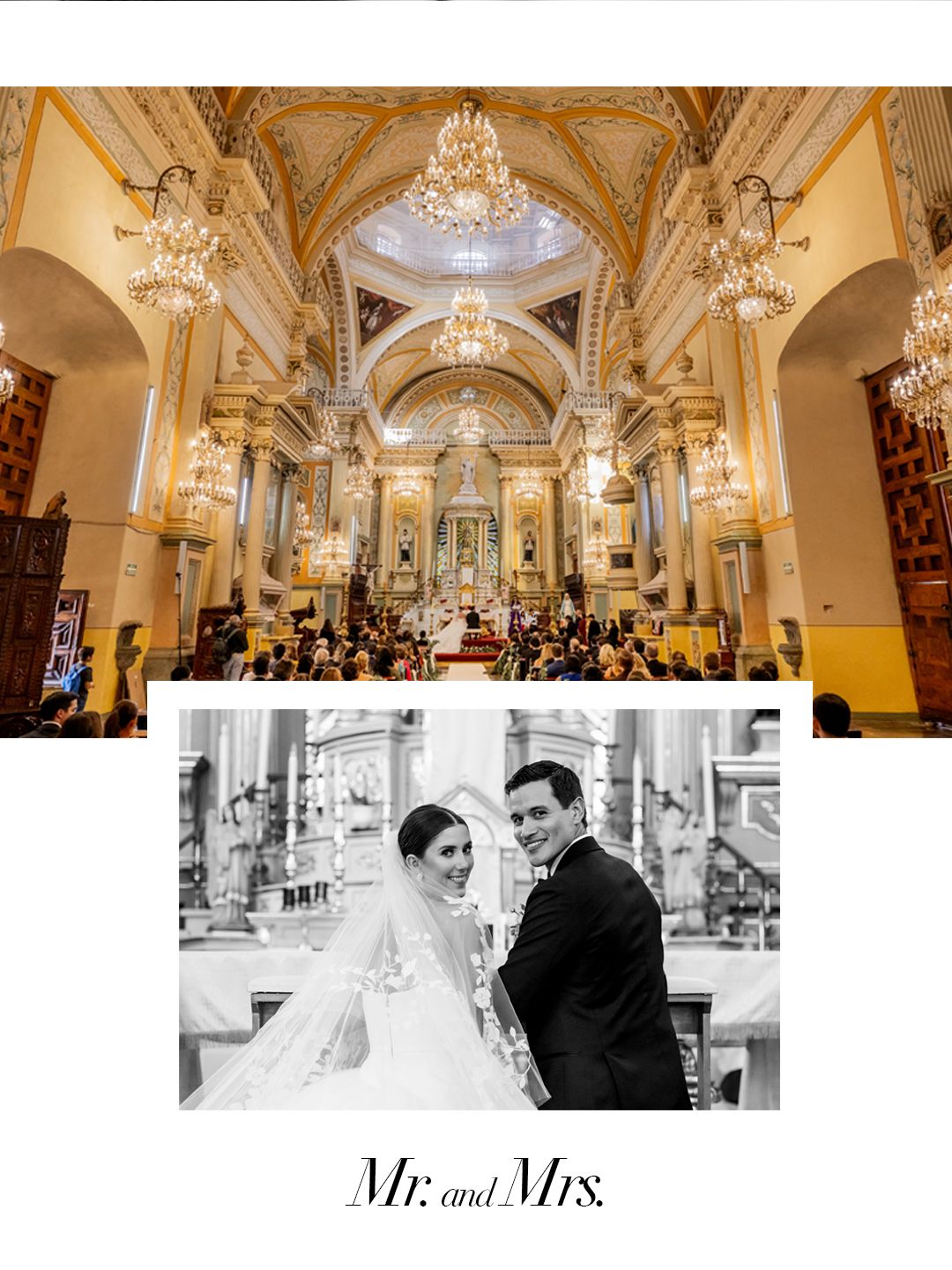 Elegant wedding ceremony in ornate golden church with chandeliers, featuring black and white portrait of newlyweds labeled Mr. and Mrs.