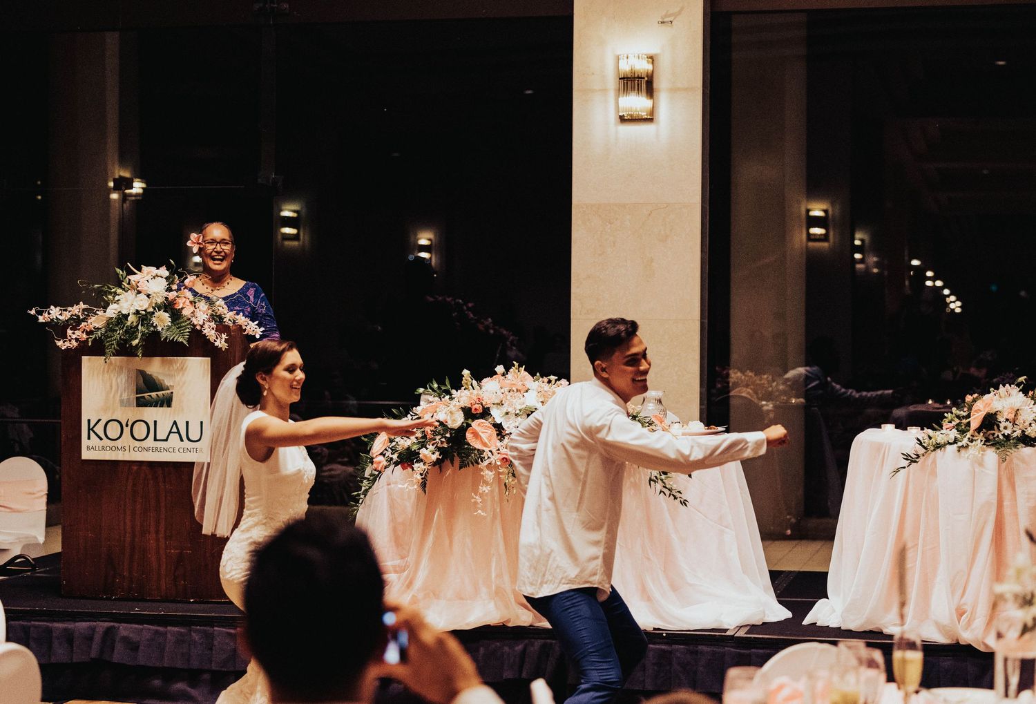 A series of wedding reception photos showing dancing, floral arrangements, and indoor venue lighting.
