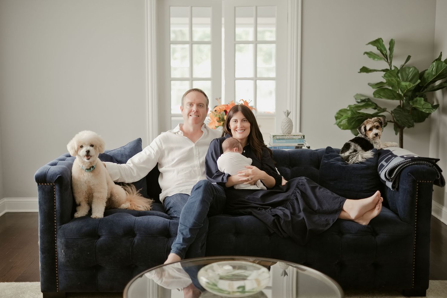 Family with newborn baby and two dogs relaxing together on a navy blue tufted sofa in a bright living room.
