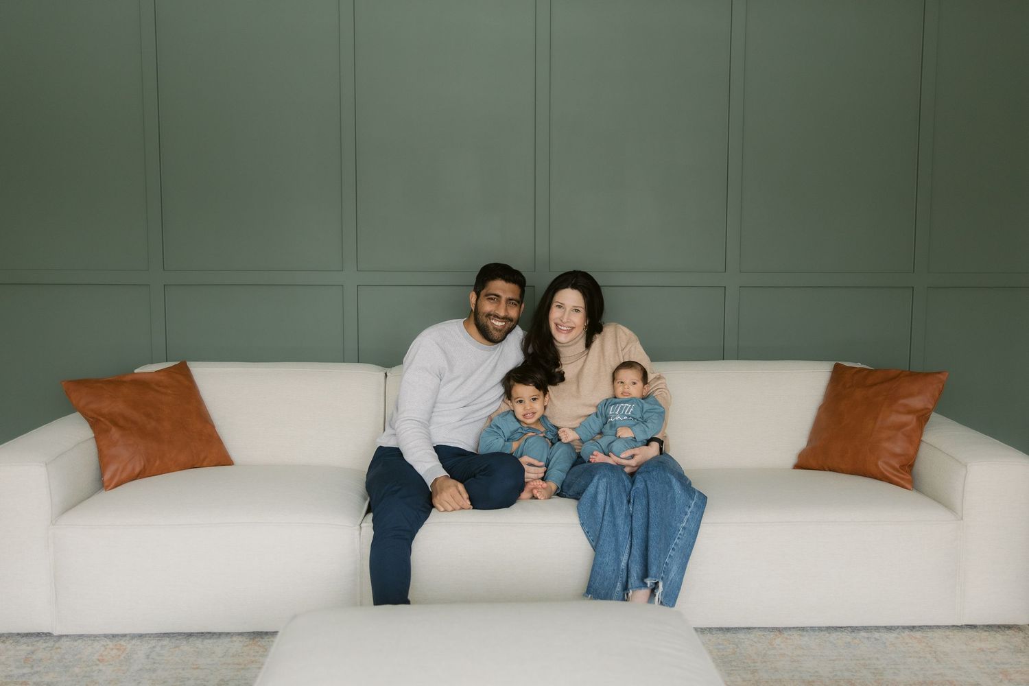 A series of photos showing people sitting together on a white couch in a living room setting.