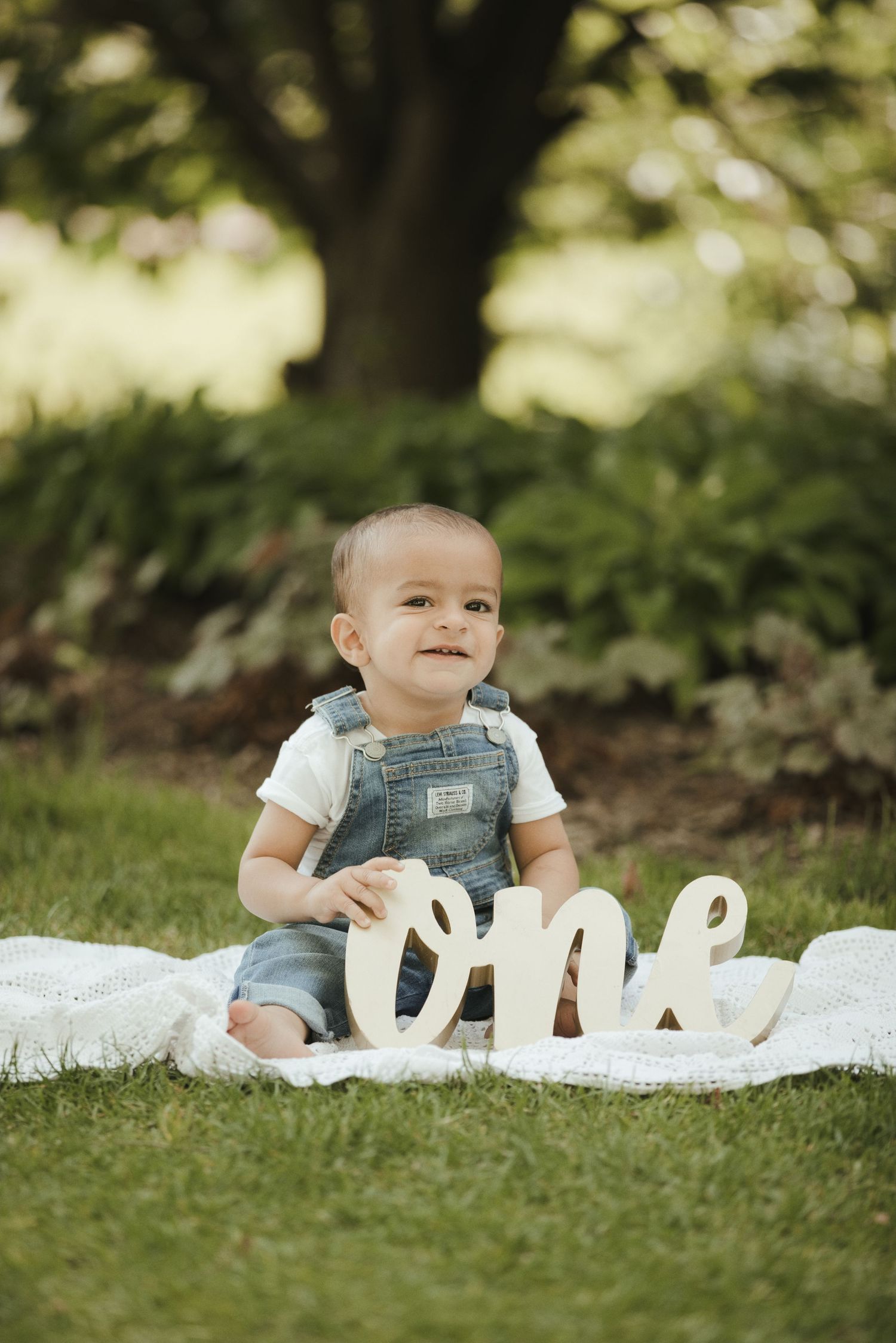 A smiling baby in denim overalls sits on a blanket outdoors with a wooden 'One' sign for a first birthday photo.