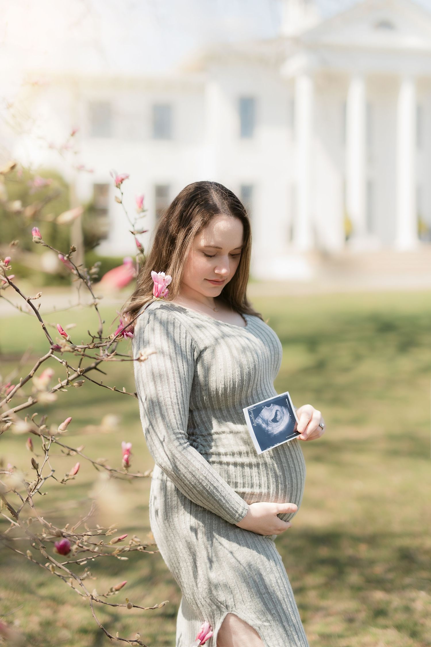 Expectant mother in white knit dress holds ultrasound photo while standing by blooming cherry blossoms in spring.