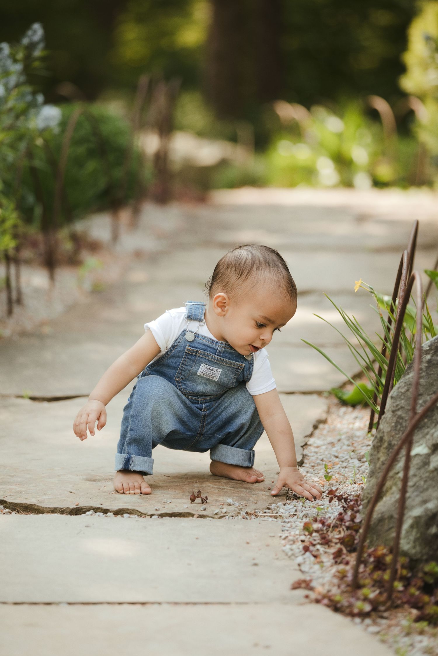 A toddler in denim overalls crouches on a garden path, exploring the ground with curiosity in a sunlit outdoor setting.