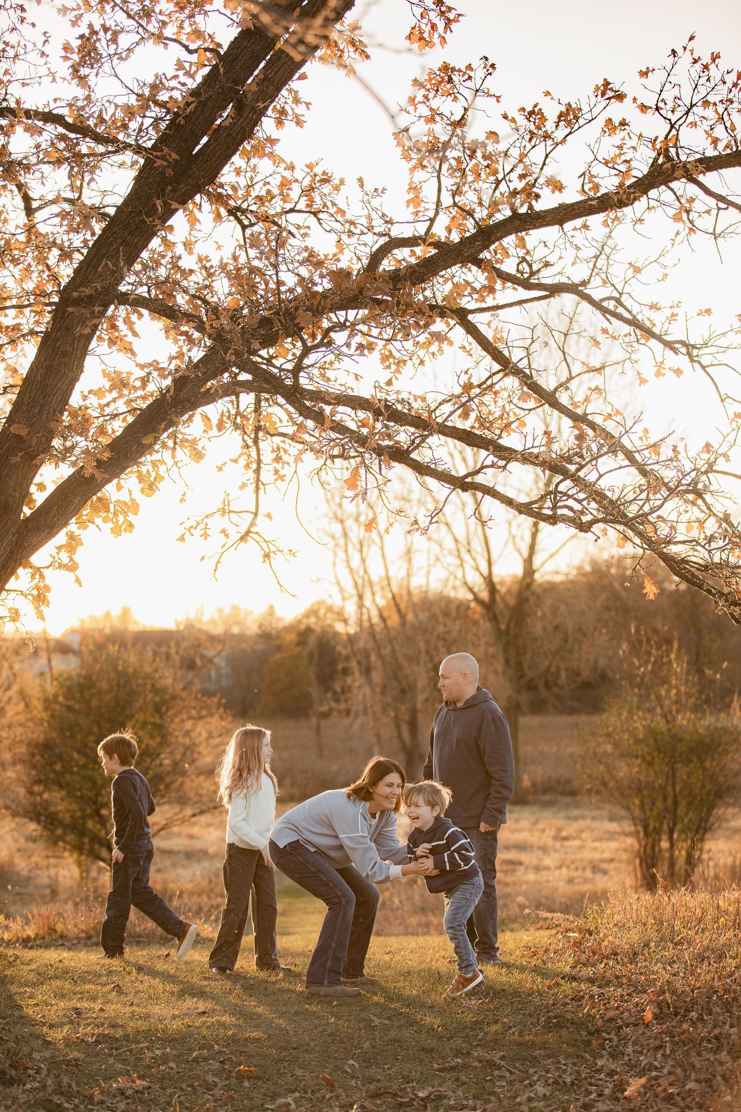 Group playing and interacting under large tree branches during sunset.