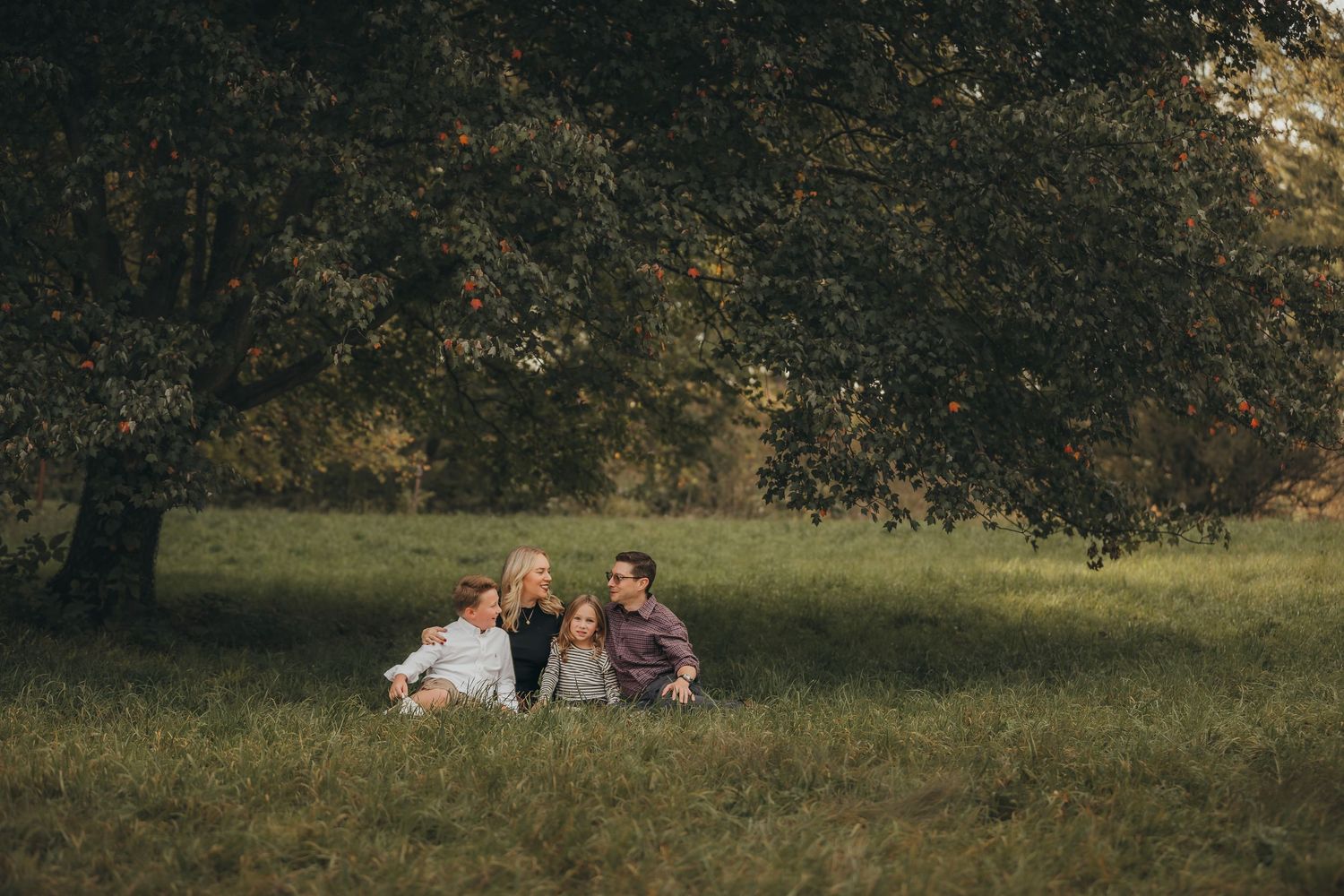 A couple sits together on a blanket in a sunny meadow during an outdoor engagement photo session.