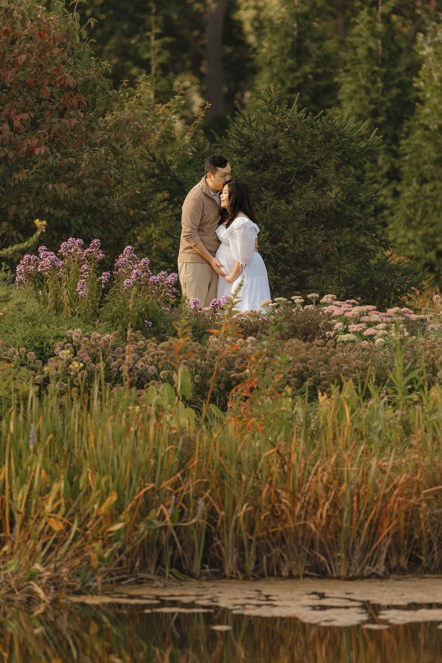 A garden setting with cattails and flowers near a pond during golden hour.