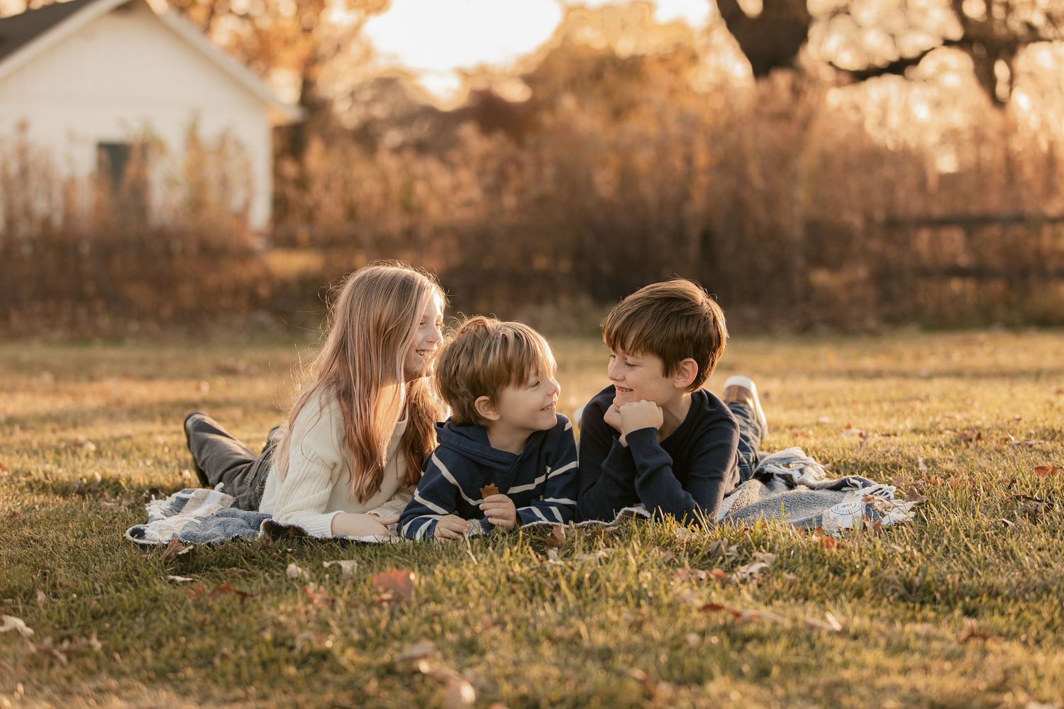 Group lying on grass reading books together during golden sunset hour in autumn.