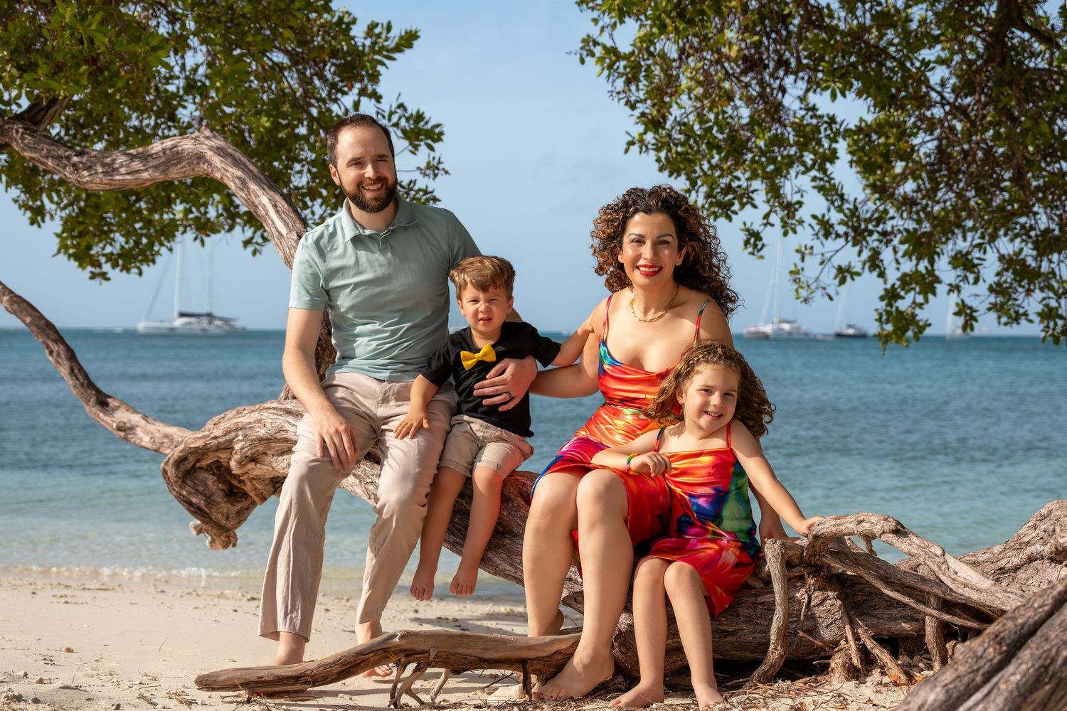 Group relaxing on a fallen tree trunk at a scenic beach location.