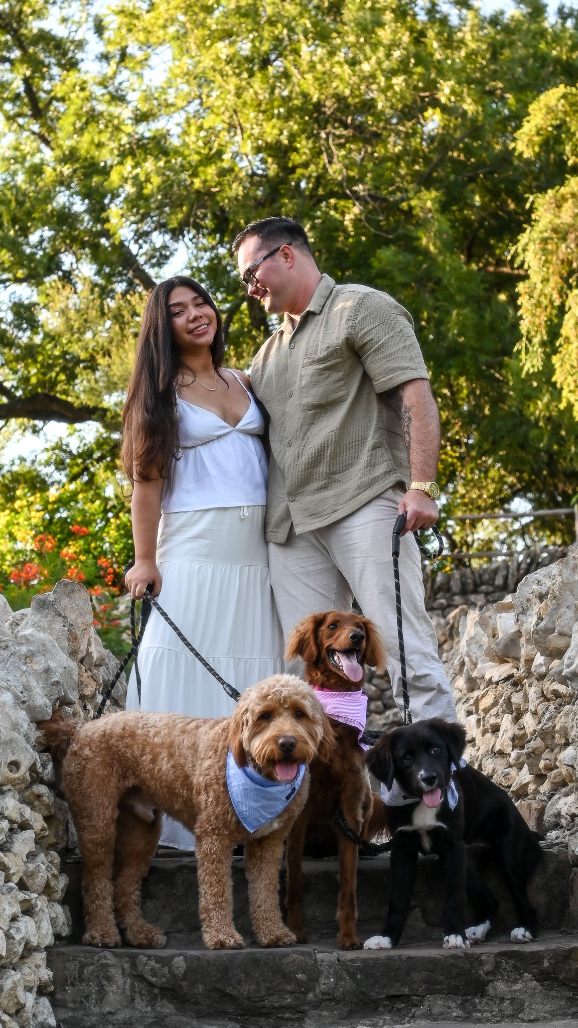 A couple poses with their three dogs on a stone wall surrounded by green trees.
