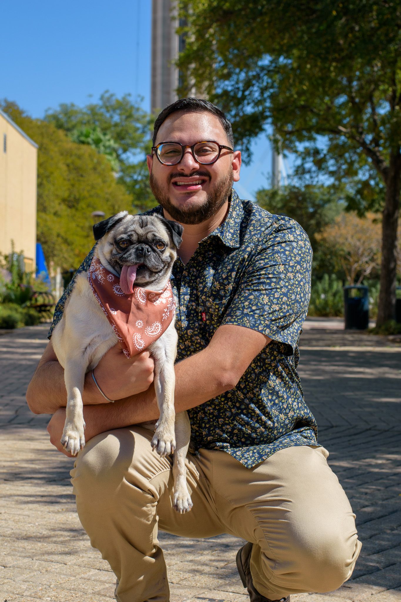 Pug dog being held and cuddled outdoors on sunny day.