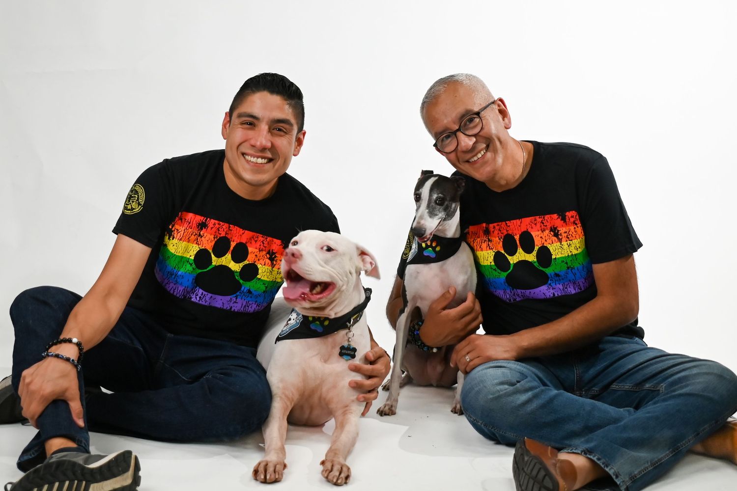 People in casual wear posing with white dogs against white background.