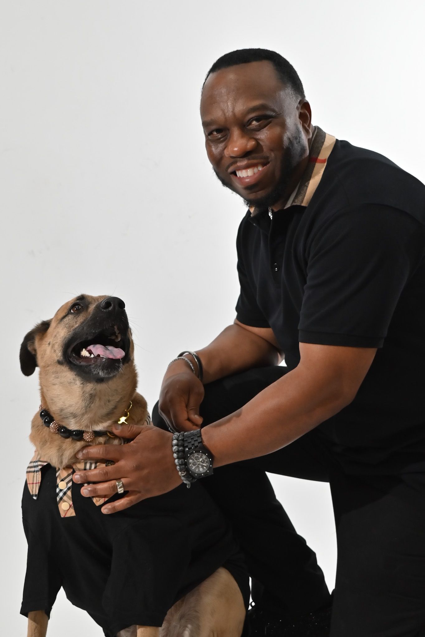 Candid photo sequence showing joyful interaction between a person and their dog on white background.