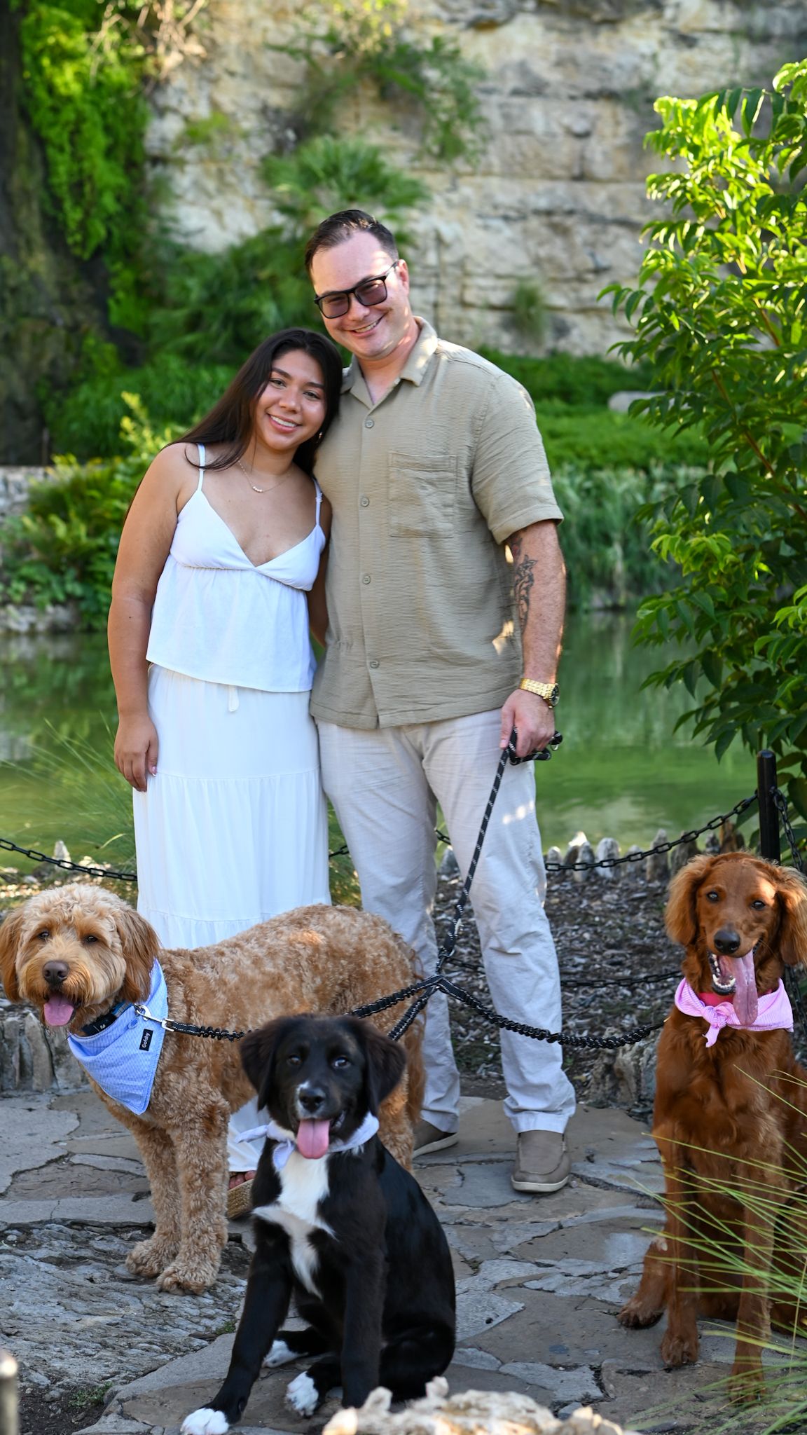 Outdoor family photoshoot with multiple dogs against limestone wall backdrop.