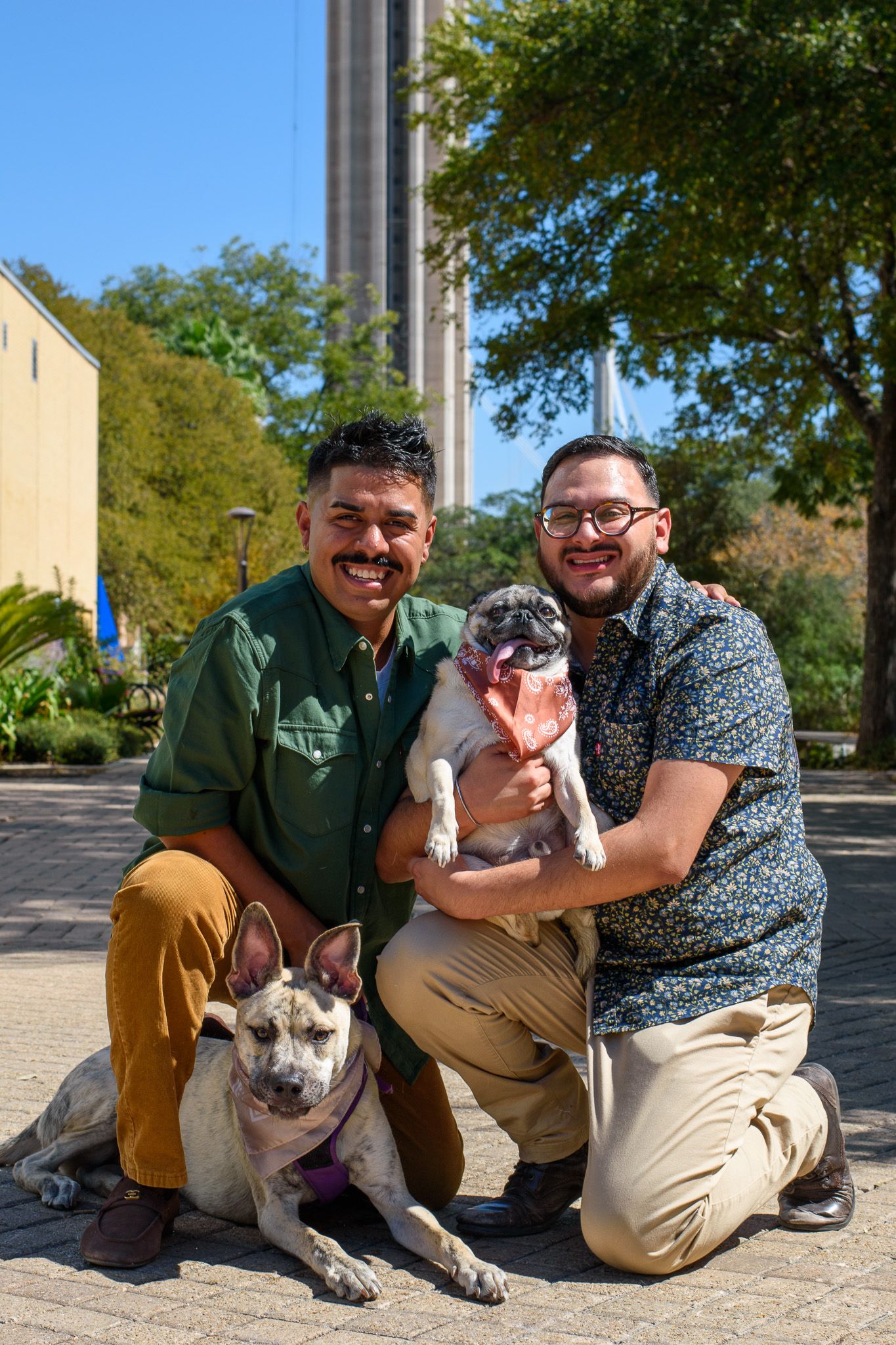 Dogs and their companions sitting together on a sunny day near a tall tower.