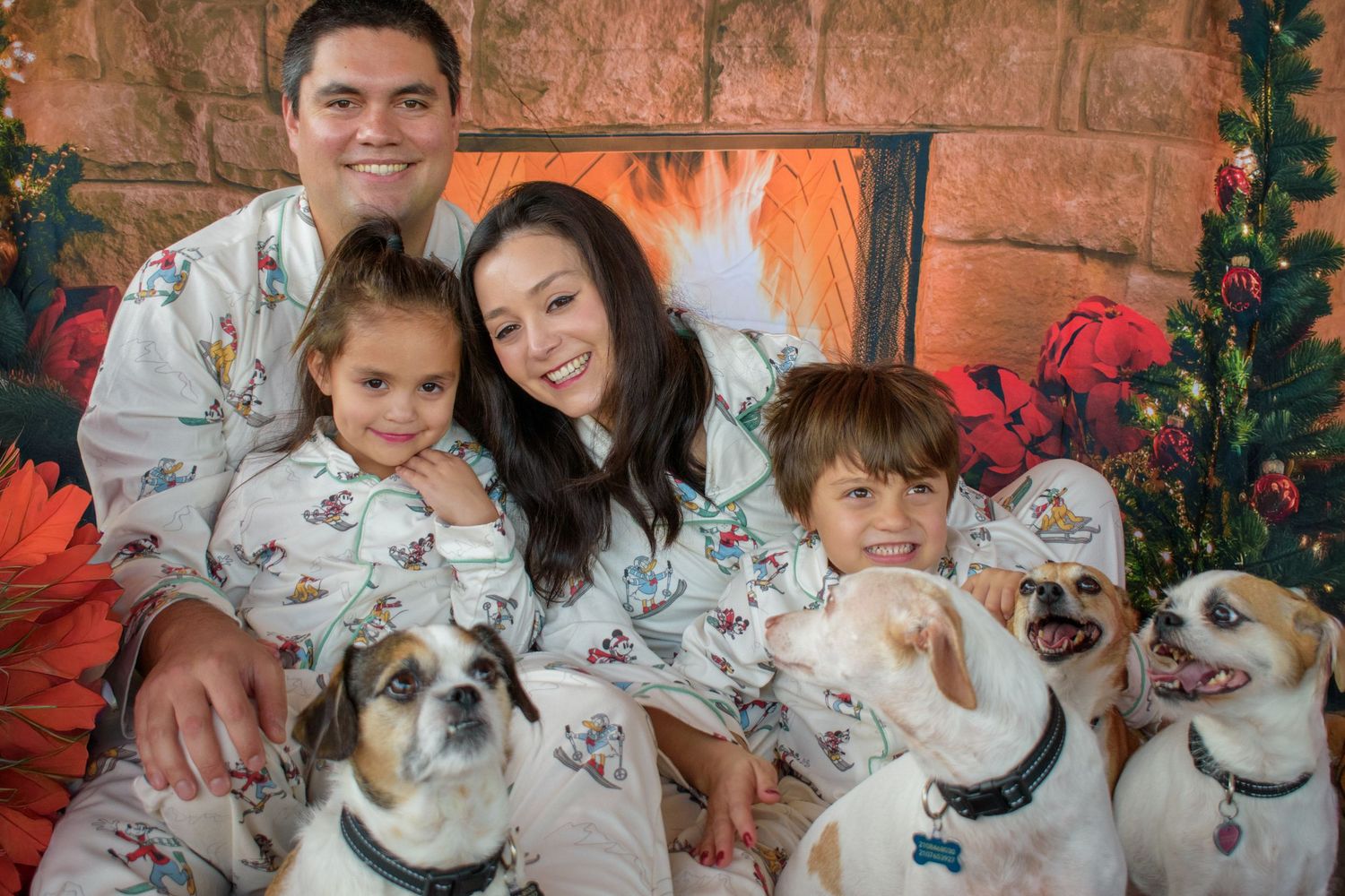 Family wearing matching holiday outfits with their dogs in front of Christmas decorations.