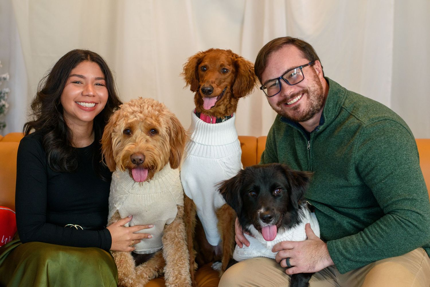 A collage of photos showing people with their beloved dogs, featuring various breeds and happy moments together.